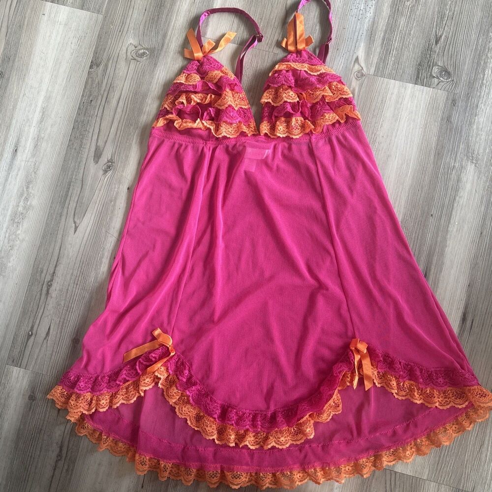 Cacique Pink V-Neck Ruffle Babydoll Bow Chemise ruffle Nightgown Women  14/16